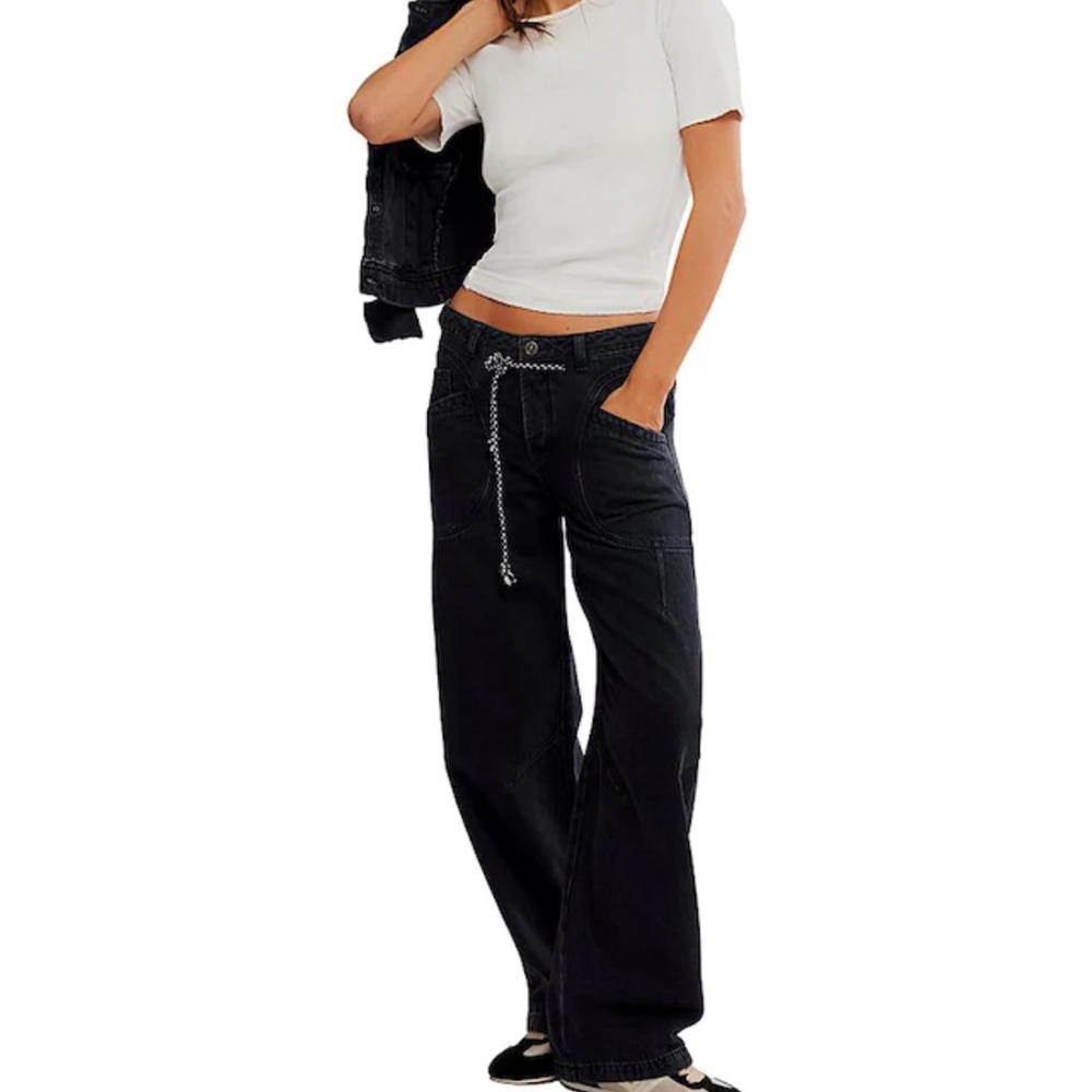 NWT Women's Black Free People Love Language Low Rise Wide-Leg Jeans Size 28